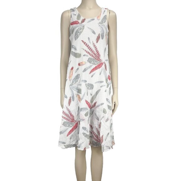 ANGELA MARA Vacation Dress Cotton Viscose Feathers Print White Midi Italy Large - Picture 2 of 9
